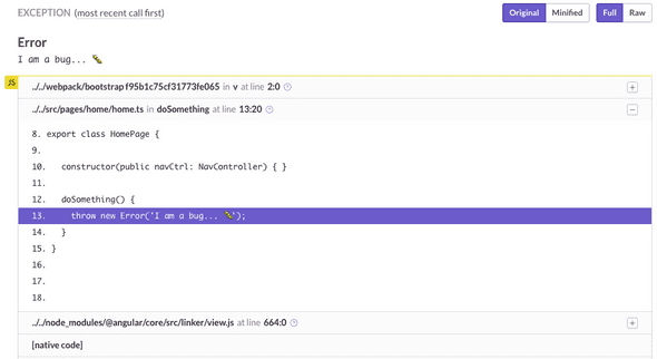 screenshot sentry error with source map